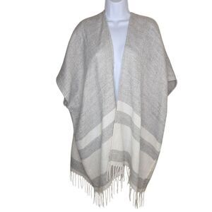 Loft Striped Fringe Open Front Poncho Sweater One Size